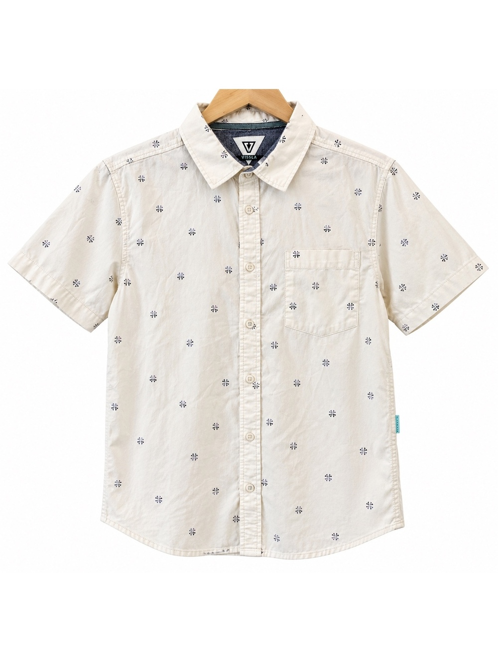 Vissla Boys Large Short Sleeve Button Up Shirt Cream Geometric Surf Skate